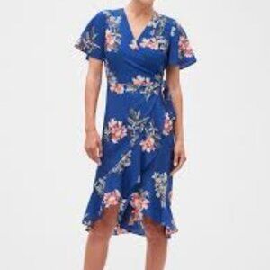 Banana Repulic Women 8 FLORAL SHORT SLEEVE DEEP V-NECK WRAP MAXI DRESS HI-LO HEM